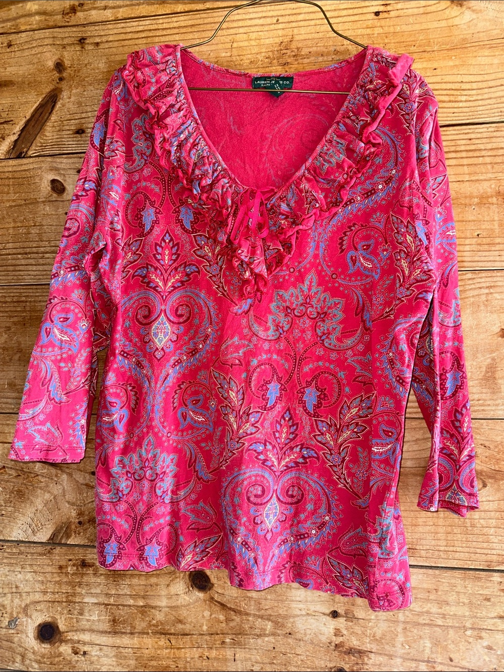 Lauren Ralph Lauren Pink Paisley Ruffle V‑Neck Long Sleeve Top